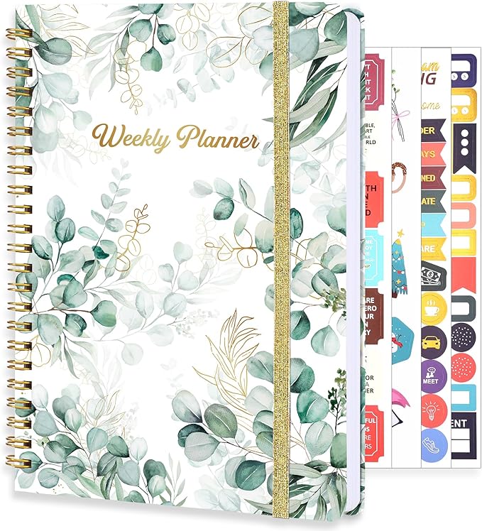 Undated Weekly Planner, A5 Weekly To Do List Notebook with Habit Tracker Spiral Binding Weekly Planner Notebook with Stickers Home Work School Supplies, Grean Leaves