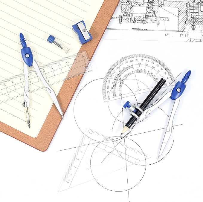 Math Geometry Kit Sets 10 Piece Student Supplies with Shatterproof Storage Box,Includes Rulers,Protractor,Compass,Eraser,Pencil Sharpener,Lead Refills,Pencil,for Drafting and Drawings（Navy blue）