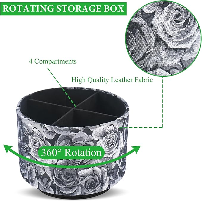 QIELIZI Round Leather Art Supply Organizer,Remote Control Holder,360 Degree Rotating,Multi-Functional Pencil Holder,4 Compartments Desktop Stationary Organizer(1-3D Black Grey)