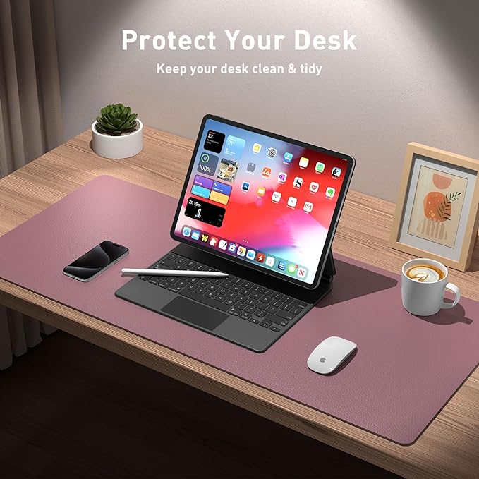 Aothia Leather Office Desk Mouse Pad Protector, Non-Slip PU Leather Laptop Desk Blotter/Mat, Waterproof Writing Pad for Office and Home, Dark Pink, 23.6" x 13.7"