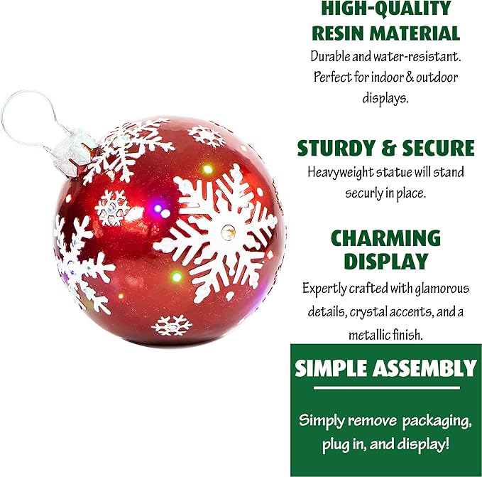 Fraser Hill Farm FFRS018-ORN1-RD Indoor/Outdoor Oversized Jeweled Ball Ornament w/Long-Lasting LED Lights, Red Holiday Decoration, 18"