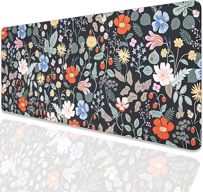 Strawberry Flowers Mouse Pad Desk Pad,Extended Gaming Mouse Mat with Stitched Edges Non-Slip Waterproof Rubber Base Mous Mat for Office,Computer,Keyboard,Laptop and Home Desk Pad(27.5X11.8 in)