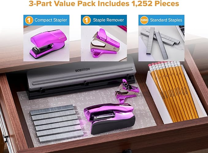 Bostitch Office Heavy Duty 40 Sheet Stapler with 1250 Staples & Claw Remover, Small Stapler Size, Fits into The Palm of Your Hand, Value Pack, Metallic Purple (B175-PURPLEM-VP)