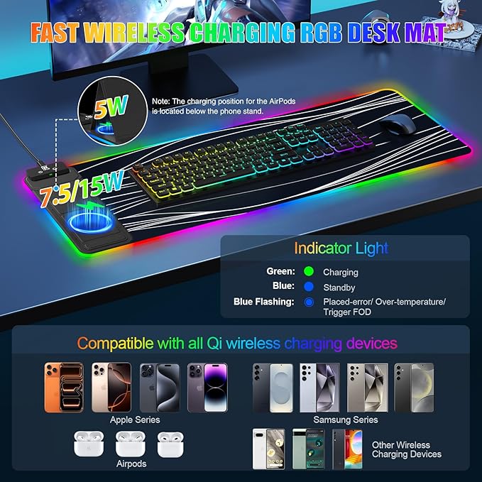 Mouse Pad with Foldable Phone Holder & Wireless Charger, XL RGB Gaming Mousepad 31.5"x11.8" Large Desk Mat for Keyboard, Home Desk Pad with Dual Qi Charging Station | 11 Colors & 5 Modes | Waterproof