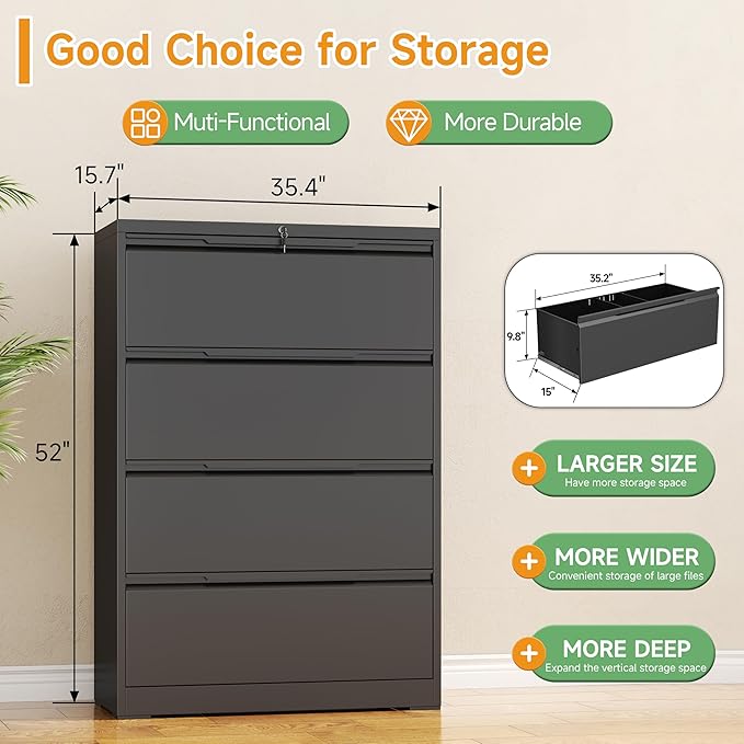4 Drawer Lateral File Cabinets with Lock,Metal Filing Cabinet for Home Office,Wide Office Storage Cabinet with Hanging Bars for A4 Legal/Letter Size(Easy Assembly)
