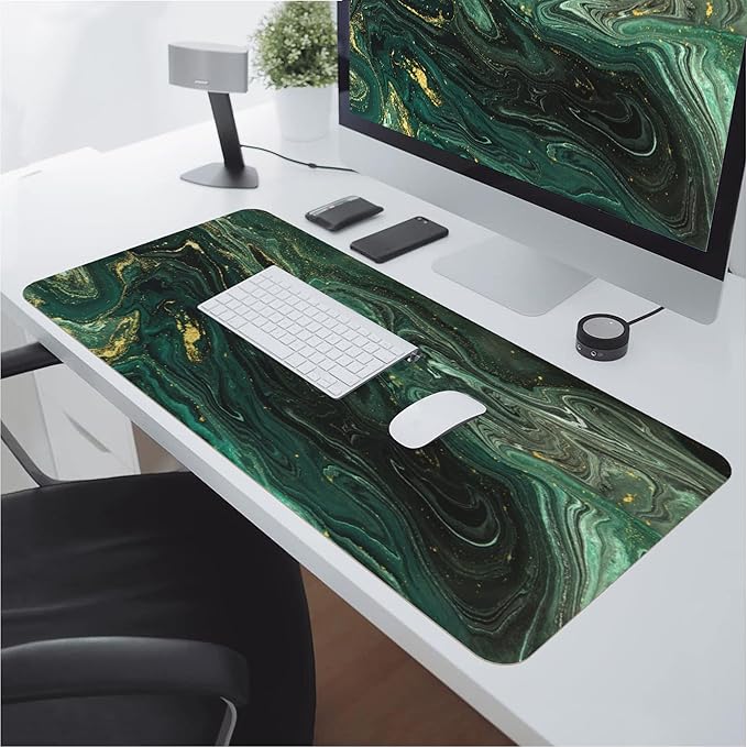 Desk Mat,Green Gold Liquid Marble Extended Gaming Mouse Pad for Office Work & Game,Computer Keyboard Mouse Mat Desk Non-Slip Rubber Base Large Mousepad with Stitched Edges, 31.5x15.7inch