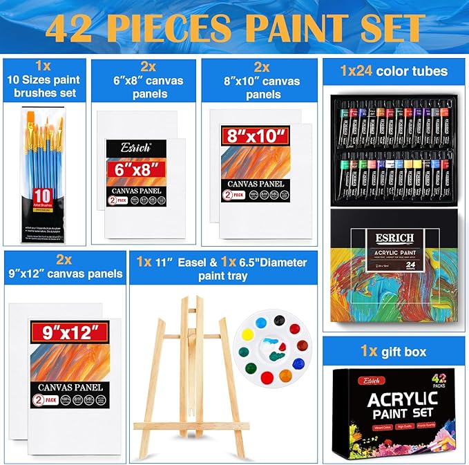 ESRICH Acrylic Paint Canvas Set, 42 Piece Professional Premium Paint Kit with 1 Wood Easel, 24Colors, 10 Brushes, 6 Canvases, Painting Supplies Kit for Kids, Students, Artists and Beginner