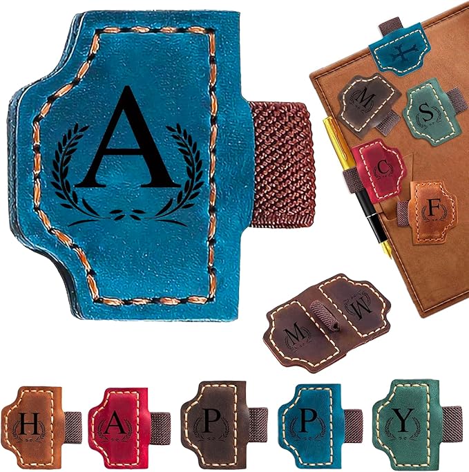 Custom Bygone Mark Bookmark with Pen Holder, 26 Letters Name Initial Personalized Magnetic Leather Bookmark, Gifts for Book Lovers, Readers, Travelers, Leather Book Marks (Blue, A)