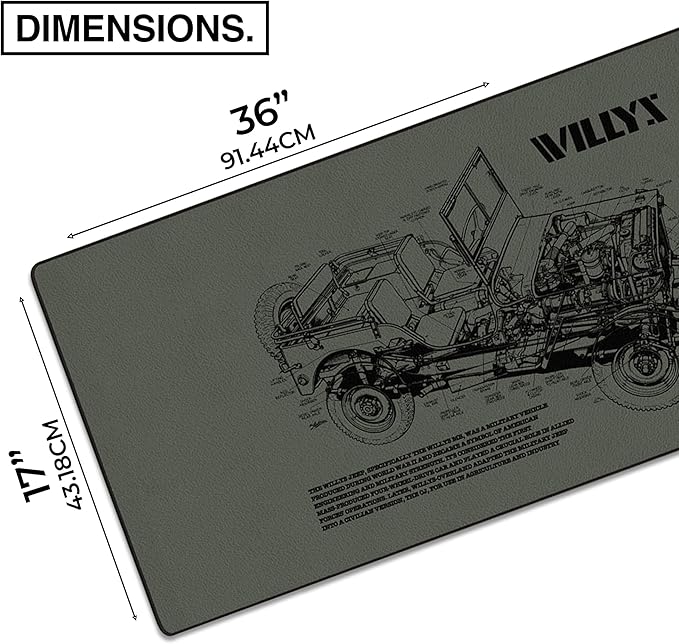 MPCO. Blueprints Large Gaming Desk Pad - 36" x 17" Duraglyde Fabric Willys Jeep – Green Desk Mats - Non-Slip, Washable, Smooth Glide for Precision Gaming & Work