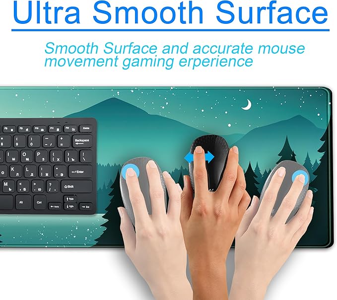 Aesthetics Sunset Mountains Green Desk Mat Mousepad, XL Large Gaming Mouse Pad, Cute Anime Moon Desk Pad Mouse Mat Girl Women Office Desk Decor Laptop Keyboard Mat with Stitched Edges 31.5''x11.8''