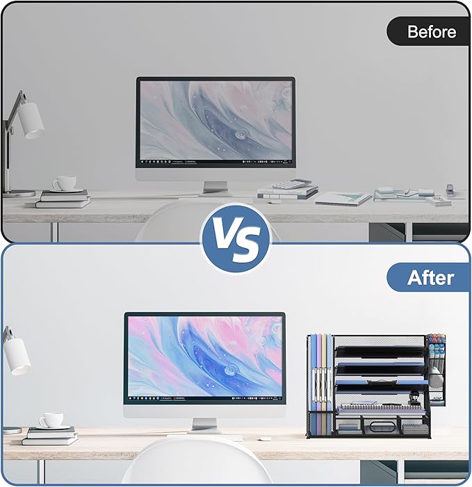 SUPEASY Desk Organizer with File Holder, 5-Tier Mesh Paper Letter Tray and 3 Tilted File Sorter for Office Supplies, Black