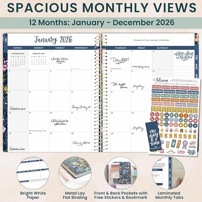 bloom daily planners 2026 Planner (January to December) - 8.5” x 11” Weekly & Monthly Dated Agenda Organizer Book with Stickers & Tabs - Flexible Soft Cover - Garden Party, Navy