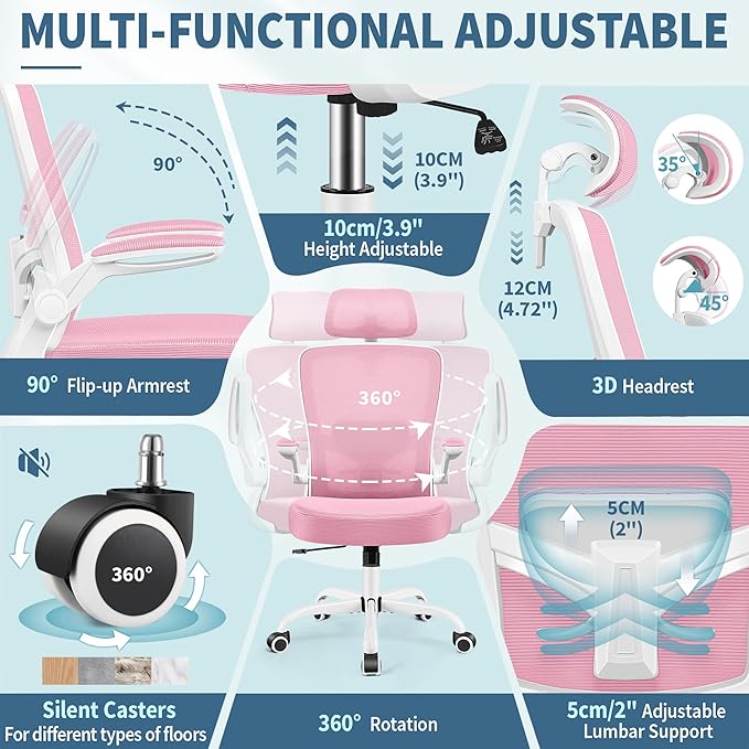 FelixKing Ergonomic Office Chair, Headrest Desk Chair Office Chair with Adjustable Lumbar Support, Home Office Swivel Task Chair with High Back and Armrest, Adjustable Height Gaming Chair(Pink)