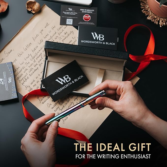 Wordsworth & Black Fountain Pen Set, 18K Gilded Medium Nib, Includes 24 Pack Ink Cartridges, Ink Refill Converter & Gift Box, Gold Finish, Calligraphy, [Rainbow], Perfect for Men & Women