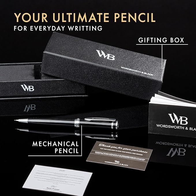 Wordsworth and Black Mechanical Pencil Graphite Lead- Stunning Luxury Metal Pencil, Black Lacquer Chrome Finish, 0.7mm Led, Best Gift Set for Men & Women, Professional Executive Office Pencils