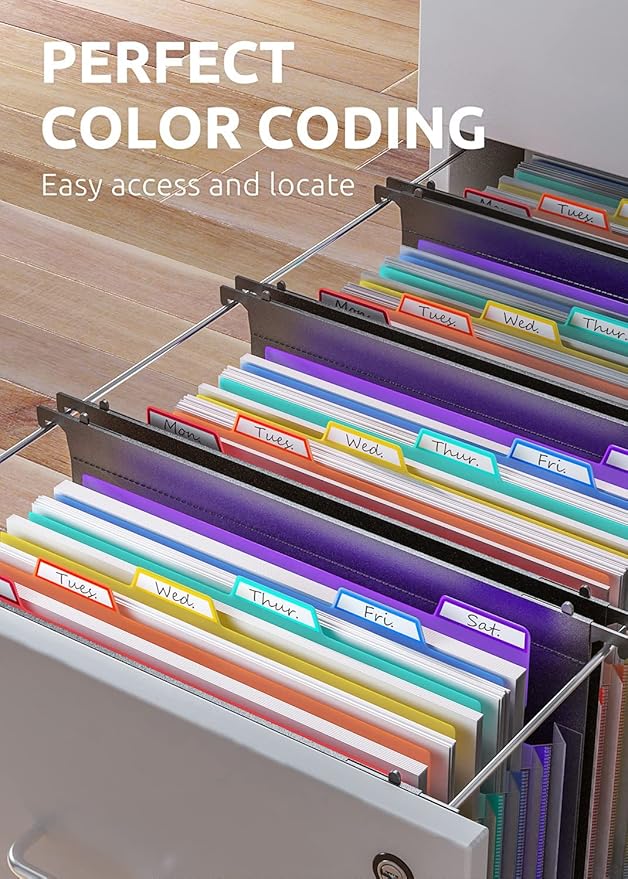 ThinkTex Plastic Expanding Hanging File Folders, 7 Innovative 1.2" Accordion Pockets, Large Capacity, Multi-Color Tabs, Letter Size for Filing Cabinet - 1 Pack