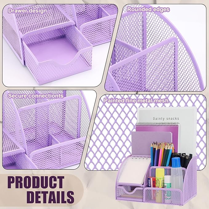 SYMDROMIA 13-in-1 Office Desk Organizer Set with Stapler and Tape Dispenser, Pen Holder, Scissors, Ruler, Hole Punch, 2 Pens & More Desktop Accessories for Back to School Supplies (Purple)