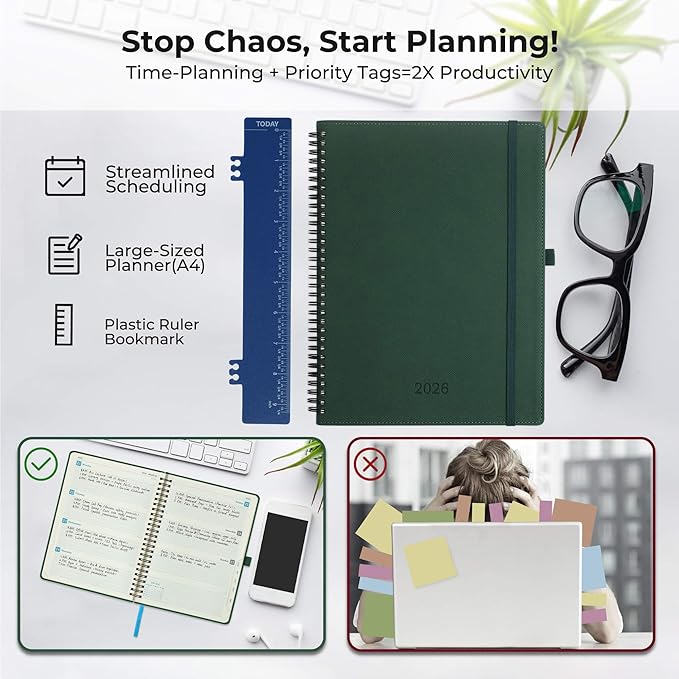 Planner 2026 Daily Weekly and Monthly,11.5"x8.5",12 Months Spiral Bound Calendar Agenda with Self-adhesive Pen Holder,2026 Appointment Book with Vegan Leather Soft Cover,Green