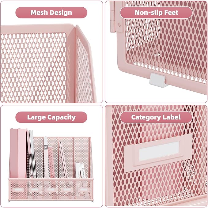 Marbrasse File Organizer for Desk,Desk File Organizer with 5 Vertical Compartments Mesh Magazine File Holder for Office School