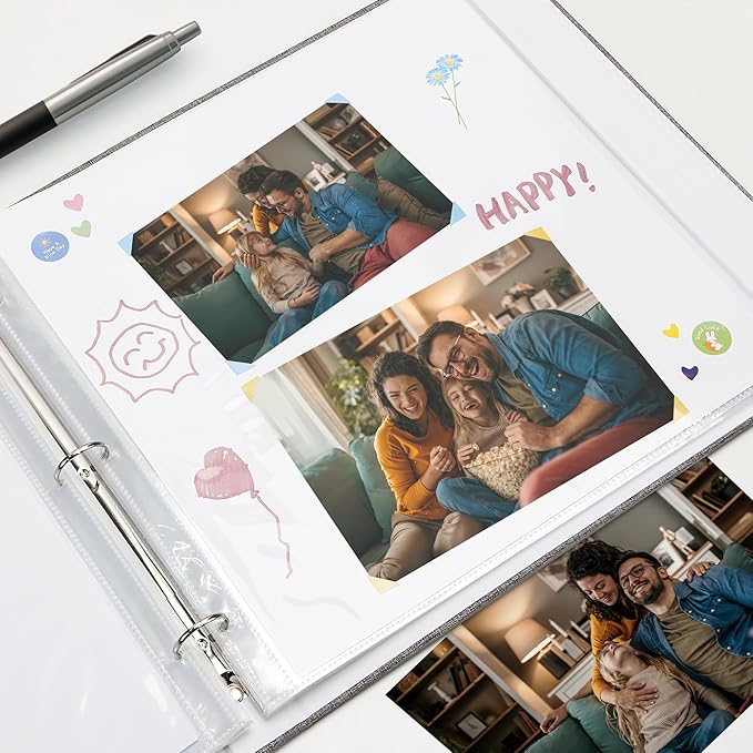 Vienrose 12x12 Inch Large 3 Ring Binder Scrapbook Photo Album, Linen Cover DIY Scrapbooks with 50 Sheets Plastic Sleeves 100 Pages Blank White Inner Pages for Wedding Birthday Baby Travel White