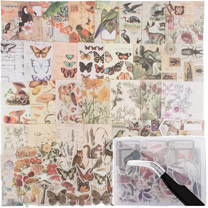 200Pcs Vintage Scrapbook Stickers, Aesthetic Junk Journal Stamping Supplies Kit, Scrapbooking Ephemera Washi Paper for Bullet Journaling Planners Diary Collage