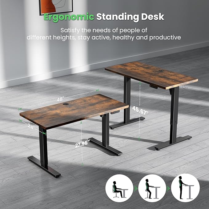 SIAGO Electric Standing Desk Adjustable - 48 x 24 Inch Sit Stand up Desk with Cable Management - 3 Memory Preset Adjustable Height Table