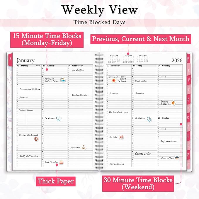 CRANBURY Daily Planner 2026, 8.5x11 Appointment Book, Jan to Dec 2026, 15-Min Hourly Scheduler, Large Planner Book with Colorful Tabs, Premium Paper (Blossoms)