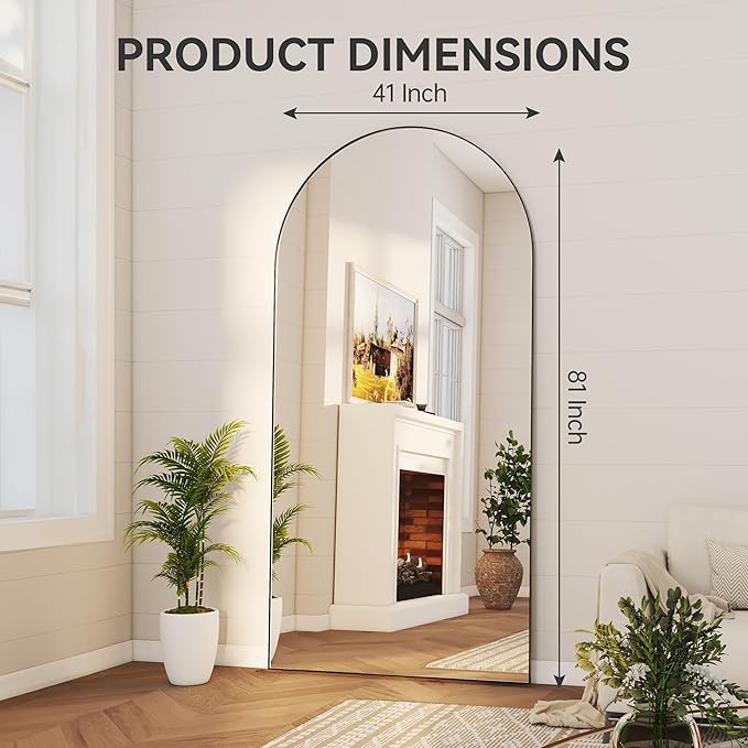 Hasipu 81" x 41" Arched Full Length Mirror Extra Large Wall Mounted Hanging or Leaning Mirror, Aluminum Frame Tempered Glass Rectangle Mirror, for Bedroom Living Room Cloakroom, Black