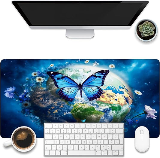 Desk Mat, Earth Surrounded by Flowers Desk Pad, Blue Butterfly Large Gaming Mouse Pad, 31.5"x15.7", Extended Big Computer Keyboard Mouse Pad with Non-Slip Base and Stitched Edge
