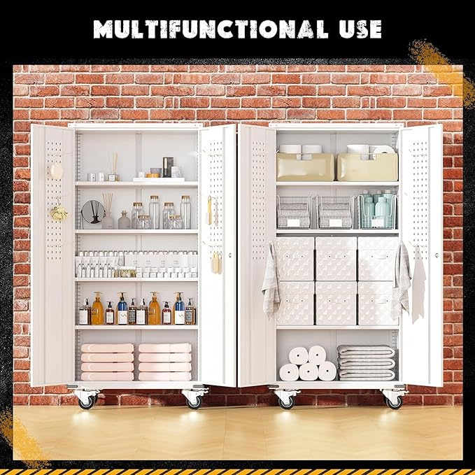 INTERGREAT Metal Garage Storage Cabinet, Lockable Rolling Tool Cabinets with Pegboard and Shelves, 72" Tall Heavy-Duty File Cabinet with Wheels for Garage, Basement, Warehouse, White