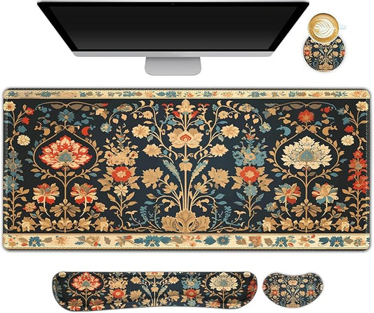 ARTSO Desk Mat Set, Mouse Pad with Wrist Rest Support + Keyboard Wrist Rest + Large Mouse Pad + Coaster, Extended Gaming Mousepad Combo, Retro Flower Plant