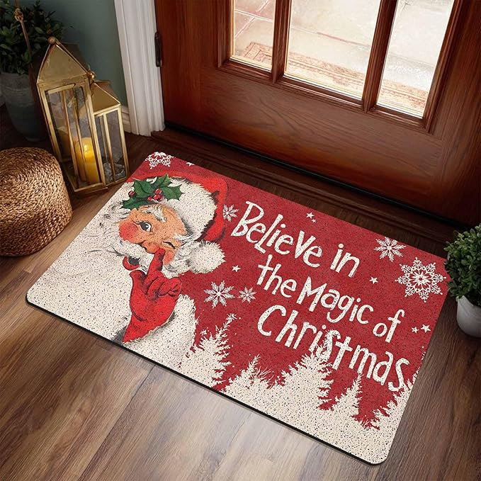 InterestPrint Merry Christmas Doormat Red Christmas Santa Claus Decorative Doormat Indoor Outdoor Entrance Xmas Winter Welcome Door Mat Anti-Slip Rubber for Seasonal Holiday Decortion, 16" x 24" Inch