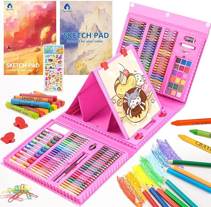 VigorFun Art Supplies, 240-Piece Drawing Art Kit, Gifts for Kids Girls Boys Teens, Art Set Crafts Case with Double Sided Trifold Easel, Includes Sketch Pads, Crayons, Colored Pencils (Pink)