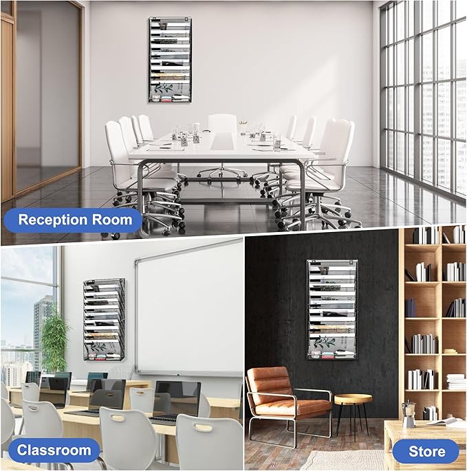 EasyPAG 11 Tier Wall File Holder with Flat Tray, Black | Easy Assemble Mesh Desk File Organizer | 10-Folder Paper Storage | Replaceable Classify Labels | Space Saving Mail Organizer for Office Home