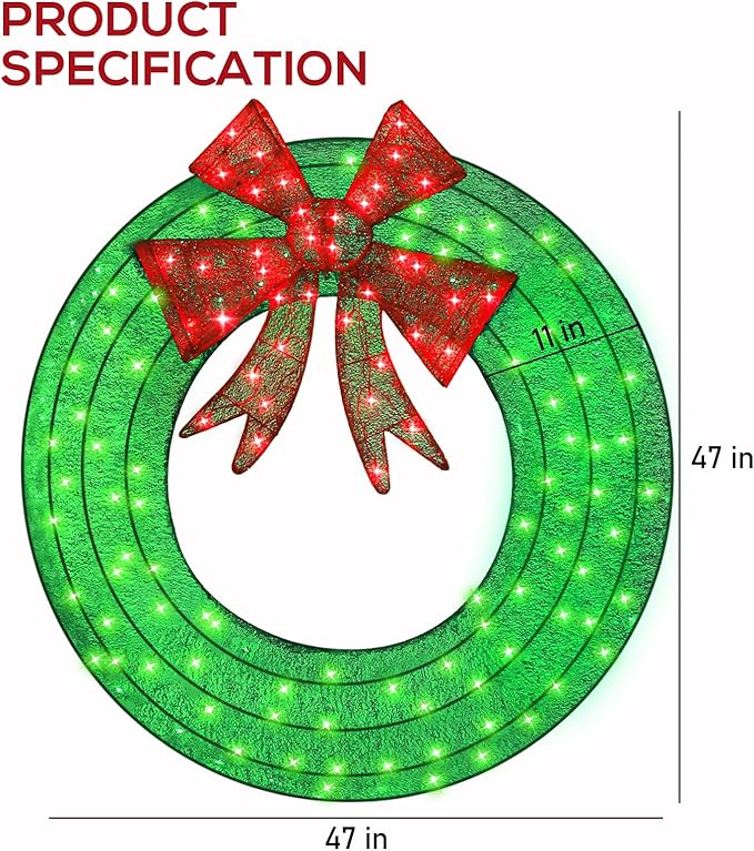 Hykolity 60 in. 3D Lighted Outdoor Christmas Wreath with 210 LED Lights & Red Bow, Christmas Holiday Yard Decoration for Garden, Porch - Green