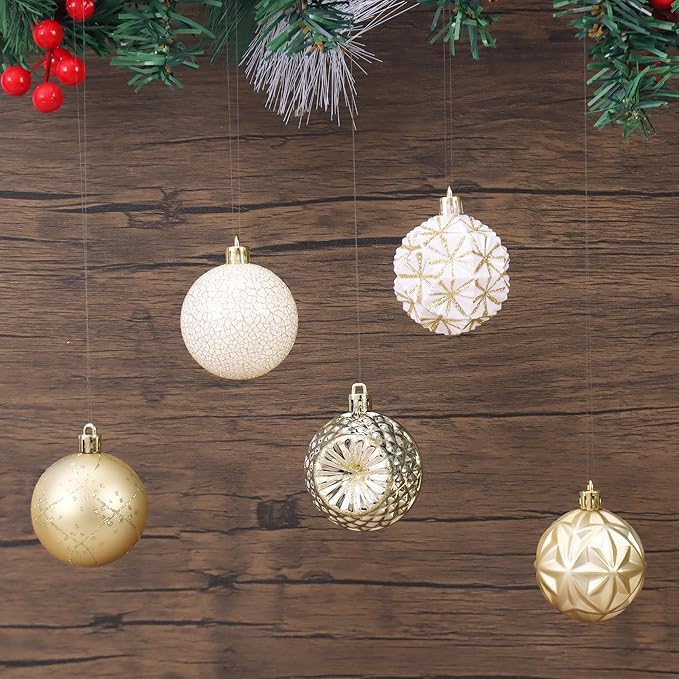 100ct White &Gold Christmas Ornaments Set, Shatterproof Luxury Xmas Tree Ornaments Decorations Collection, Hanging Plastic Christmas Balls for Holiday Party Wedding (White&Gold)