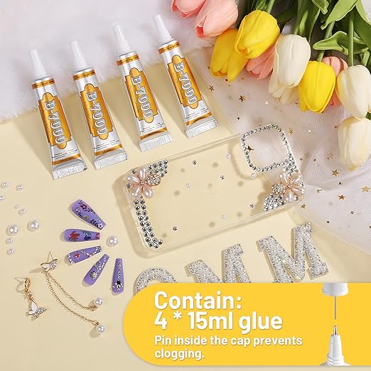 B7000 Jewelry Metal Glue with Precision Tips, Upgrade Clear B-7000 Glues Paste Transparent Liquid Fusion Fabric Glue for Phone Repair, Glass, Wooden, Rhinestone Jewelry Crafts, DIY Tumblers (4 x15ML)