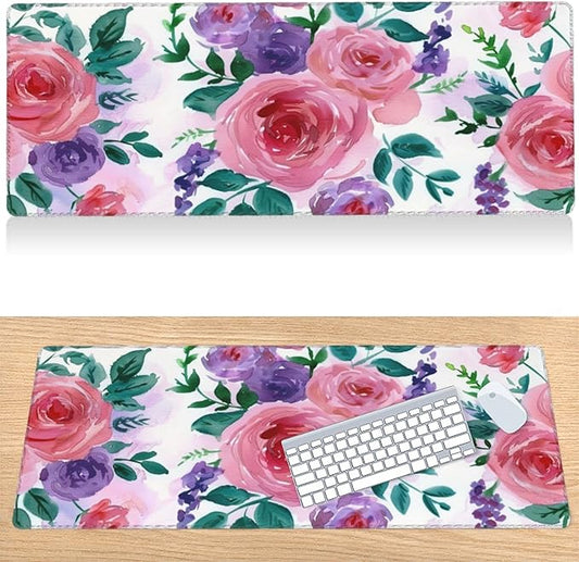 31.5”x11.8”Large Gaming Mouse Pad for Desk, Mouse Mat with Seamed Edges, Waterproof Desk Pad, Non-Slip Rubber Base, Keyboard Pad Computer Mat, Big XL Mousepad-Rose Watercolor Painting