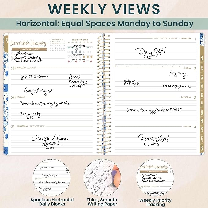 bloom daily planners 2026 Planner (January to December) - 8.5” x 11” Weekly & Monthly Dated Agenda Organizer Book with Stickers & Tabs - Flexible Soft Cover - Blue & White Floral