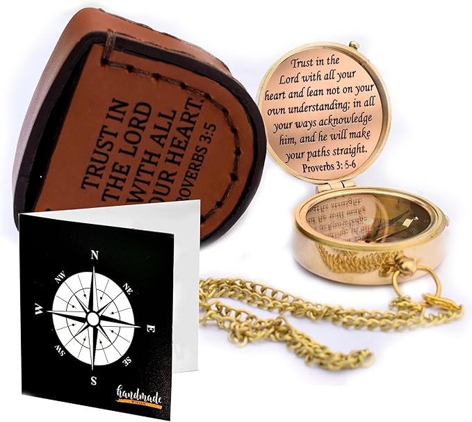 Trust in The Lord With All Your Heart - Proverbs 3:5-6 Quote Engraved Compass With Wooden Box, Greeting Card, Gift Compass, Graduation Day Gifts 2024 for Women Men Boys Girls