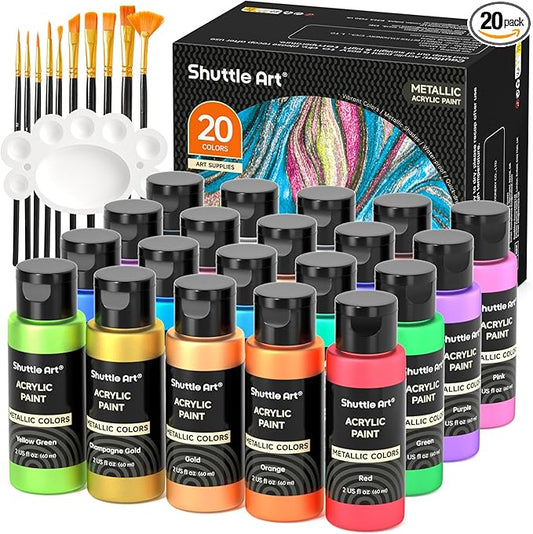Shuttle Art Metallic Acrylic Paint Set, 20 Colors Metallic Paint in Bottles (60ml, 2oz) with 10 Brushes and 1 Palette, Rich Pigments, Non-Toxic for Artists, Beginners on Rocks Crafts CanvasWood Fabric