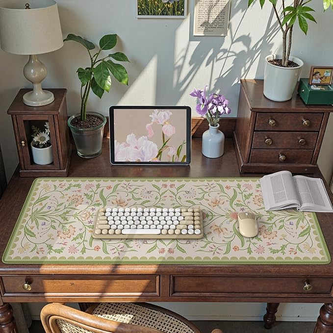 HAOCOO Light Green Iris Flower Desk Pad Mat, Non-Slip XXL Mouse Pad with Stitched Edges, Cute Floral Computer Mat, Elegant Desk Decor for Home, School, Office Accessories