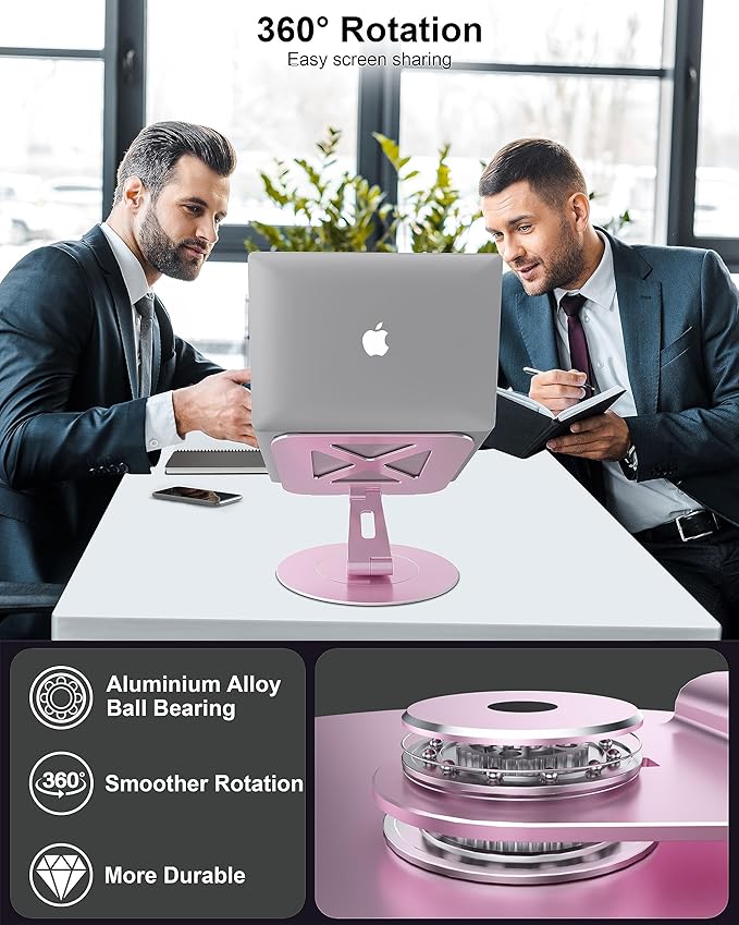 Ultra-Stable Swivel Laptop Stand for Desk, 300% Larger Base Stability, Military-Grade Aluminum, Height Adjustable Stylish Laptop Stand for Women, Suitable for 10"-17.3" Laptops Rose Gold