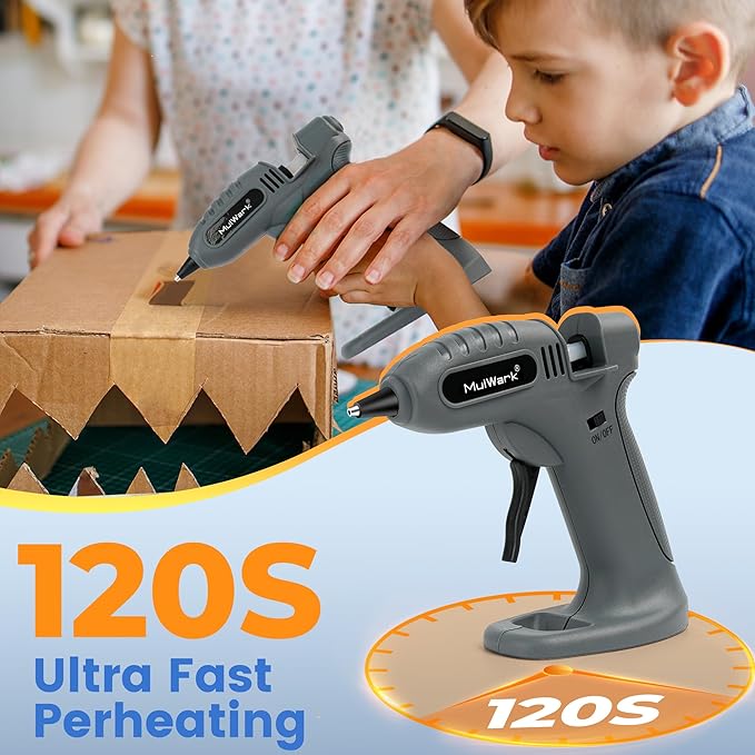 MULWARK Rechargeable Cordless Hot Melt Glue Gun Fast Preheating Mini Glue Gun Kit with 30 Premium Glue Sticks, Nozzle Cap, and Wireless Design for Crafts, DIY Projects & Repairs