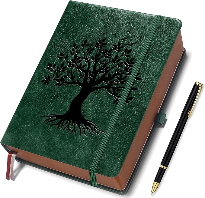 Thick Lined Journal Notebook with Pen, 360 Pages 100gsm Paper, Brown Sprayed Edge, Journal for Writing B5 Ruled Notebook ,Leather Hardcover,Perfect for Work, Office or School, 7.8'' x 10'' Dark Green