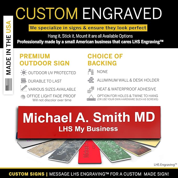 Engraved Door Signs for Office Personalized Red Plastic Door Plaque White Letters - Made in USA 2x6 B7