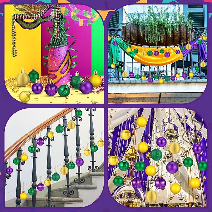 64 Pcs Mardi Gras Christmas Ornaments Glitter Purple Yellow Green Ball Ornament 1.6/1.97/2.4 Inch Assorted Size Plastic Carnival Bulbs Mardi Gras Decoration for Tree Home Indoor Party