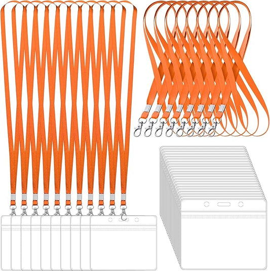 100 Pack Lanyards for ID Badges with Clear Name Tags, Reusable Lanyards Horizontal ID Card Badge Holders Plastic Name Badges for Men Women Kids Business School and Office Supplies (Orange)