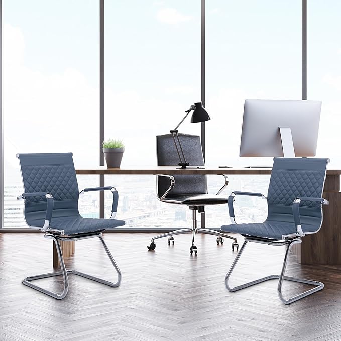 Office Guest Chairs Reception Chairs Waiting Room Chairs Set of 2 Conference Room Chair with Mid Back, Modern PU Leather Desk Chairs, Navy