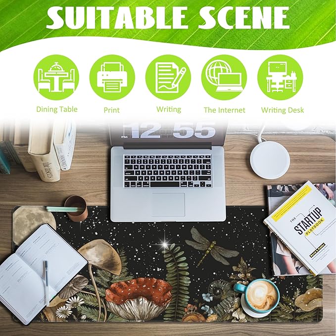 Large Gaming Mouse Pad for Desk,Cute Forest Mushroom Desk Mat,Starry Night Mushroom Desk Pad,Extended Big Computer Keyboard Mouse Pad with Non-Slip Base and Stitched Edge,31.5"x11.8"